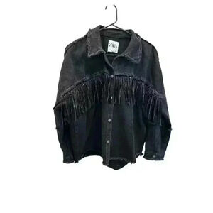 Zara Black Raw Hem Fringe Rhinestone Distressed Jacket Size M, Pre-Owned.